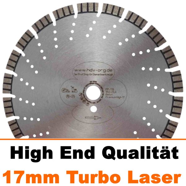 350 x 25,4 mm Turbo - Laser Diamanttrennscheibe 17mm für Beton, Granit - Premium